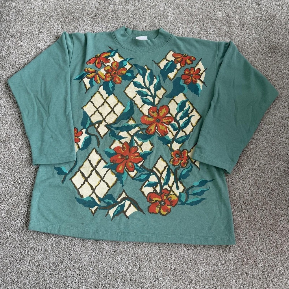 Vintage Haband For Her Shirt Womens Large Green Floral Long Sleeve USA T-Shirt